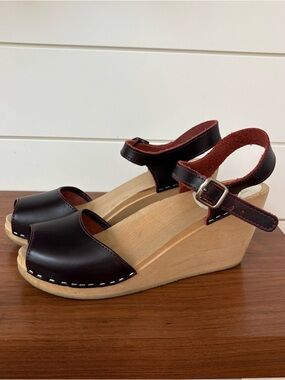 Swedish Maguba Monterey Bordeaux Wood Clog Sandals Shoes Boho Indie Cottage 9*